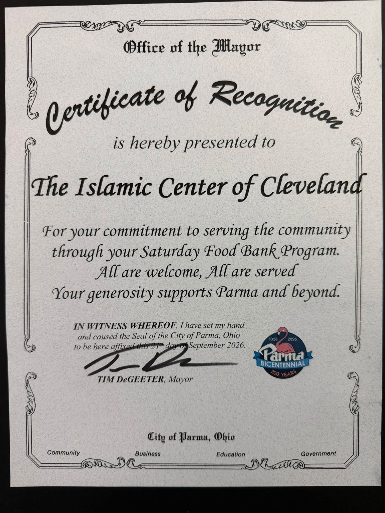 Certificate of Recognition – City of Parma